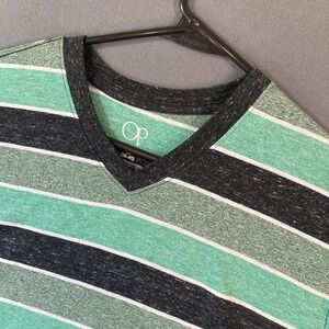 OP Ocean Pacific Mens Medium Green Black Striped V-Neck T-Shirt OM44Y041